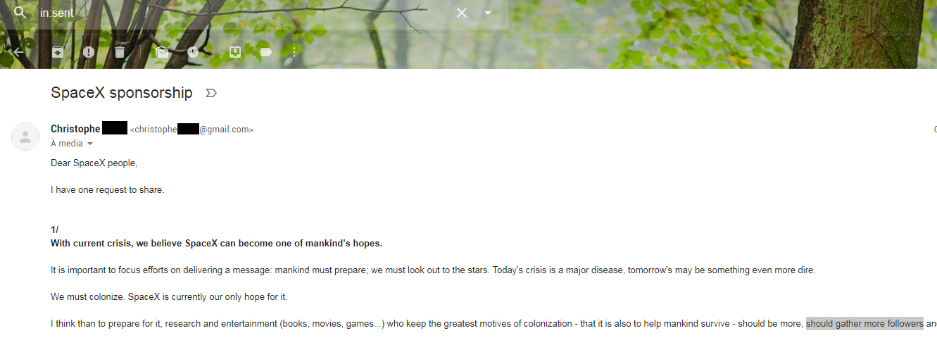 My initial message, sent from Gmail.