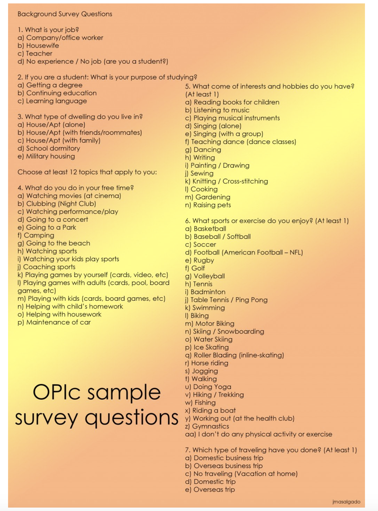 opic survey questions