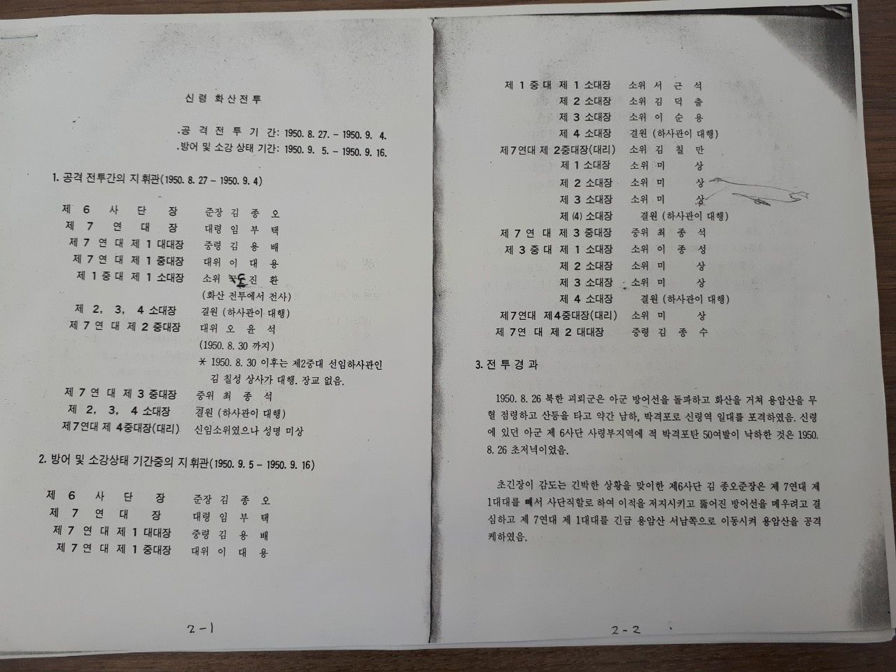 (이대용 장군의 신령 화산전투) 8-1 이대용 장군의 전투기록중 잠전 지휘관 